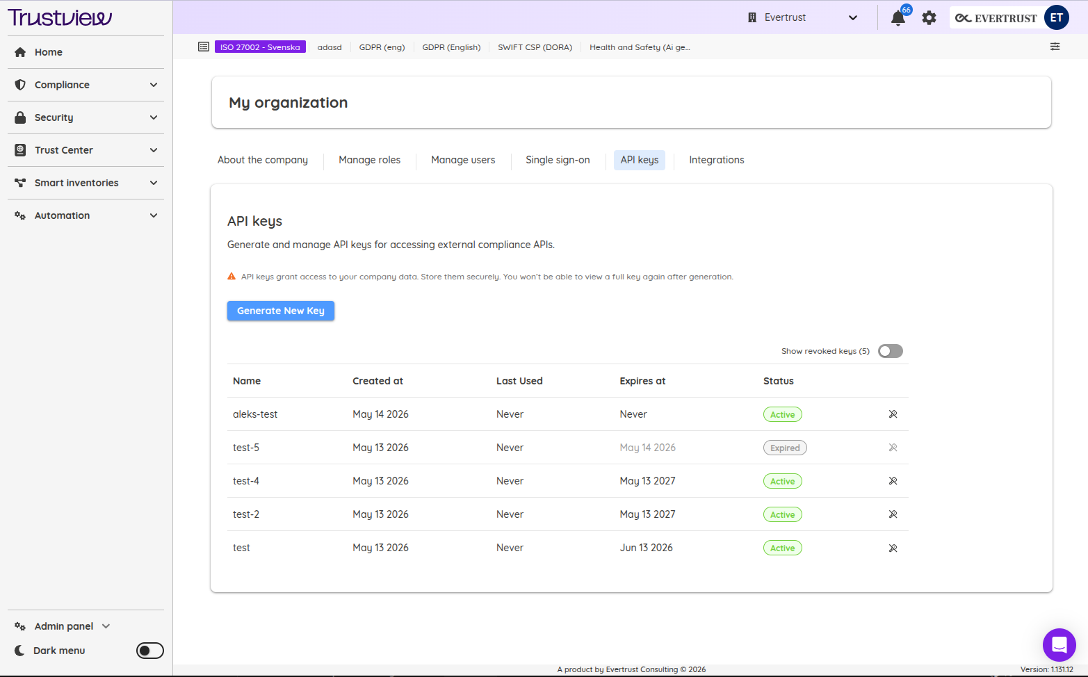 API key shown once in the TrustView dashboard